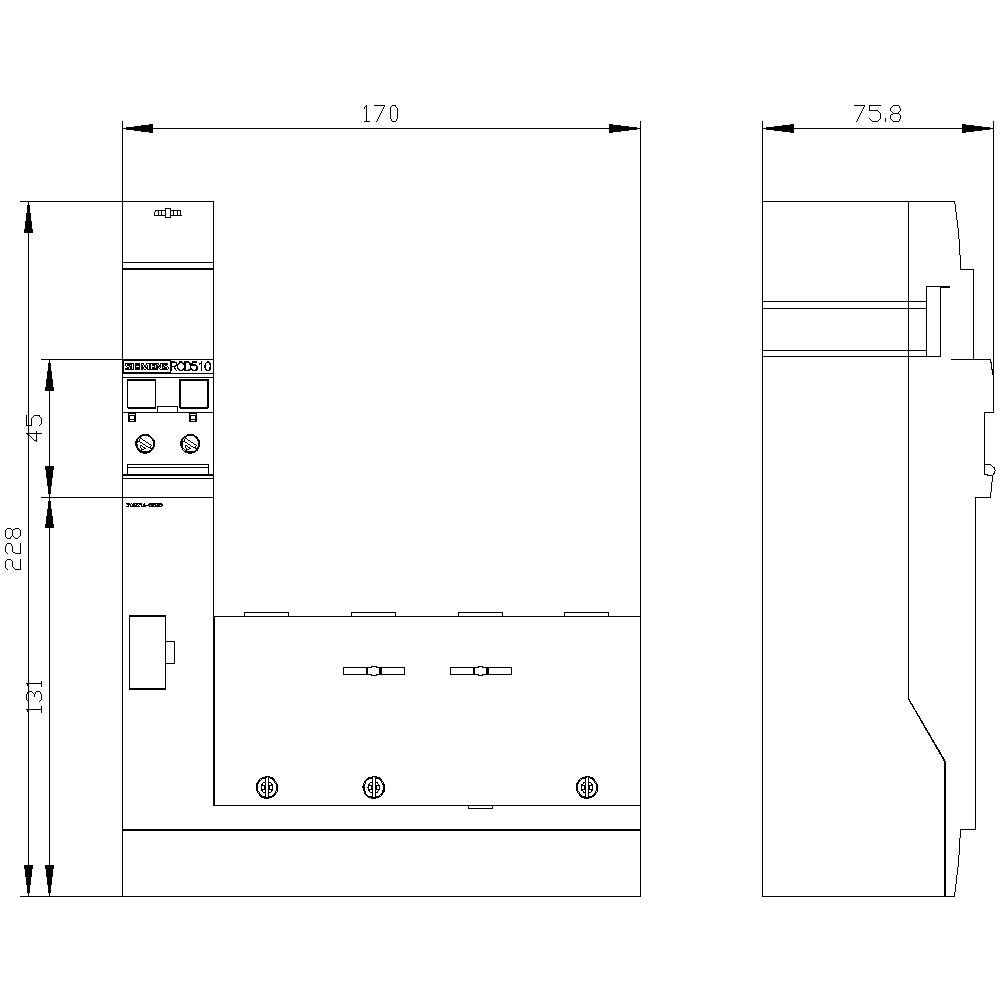 A technical diagram shows the front and side view of an electronic device with dimensions in millimetres.