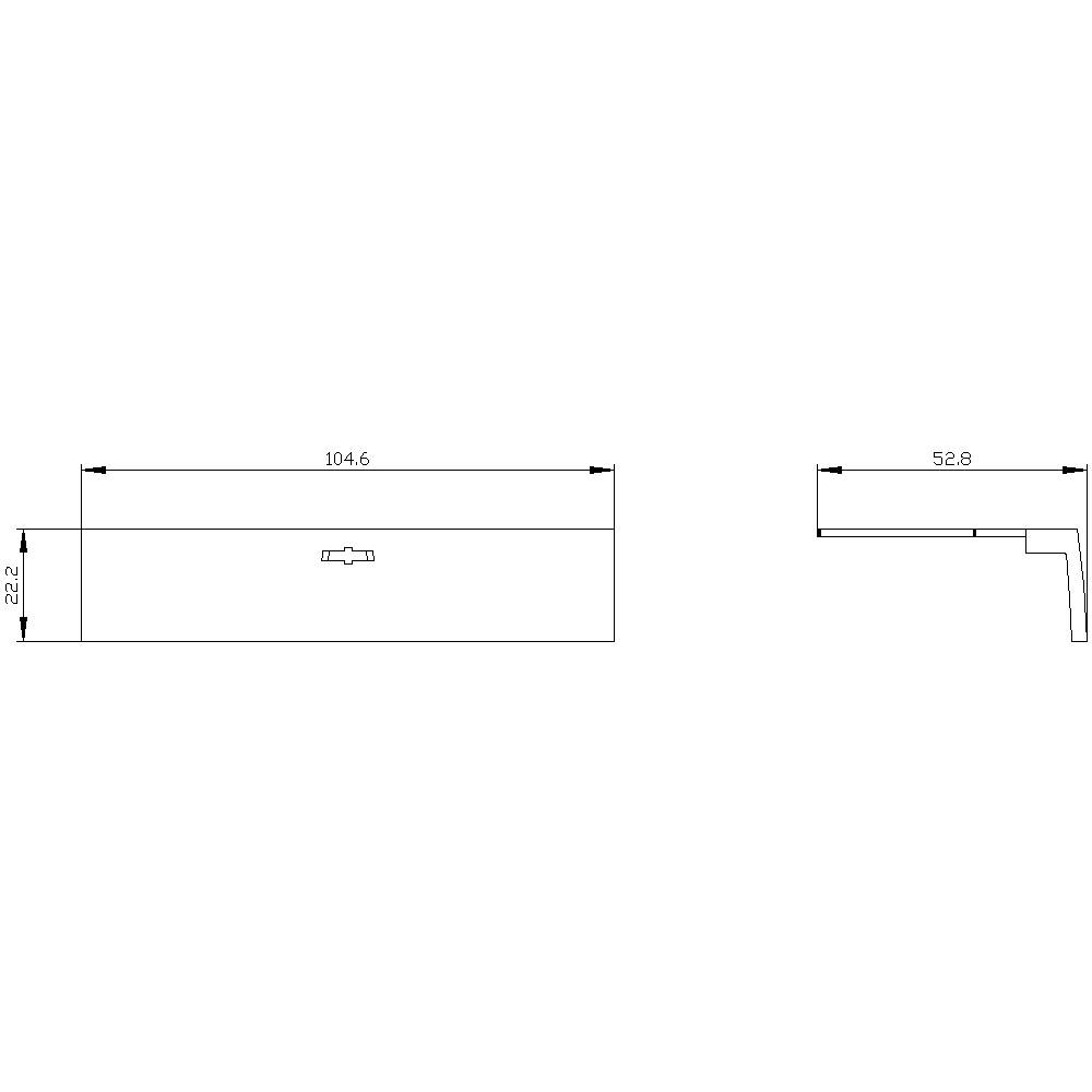 Technical drawing of a rectangular object with length dimension 104.6 and height dimension 22.2; side view shows depth 52.8.