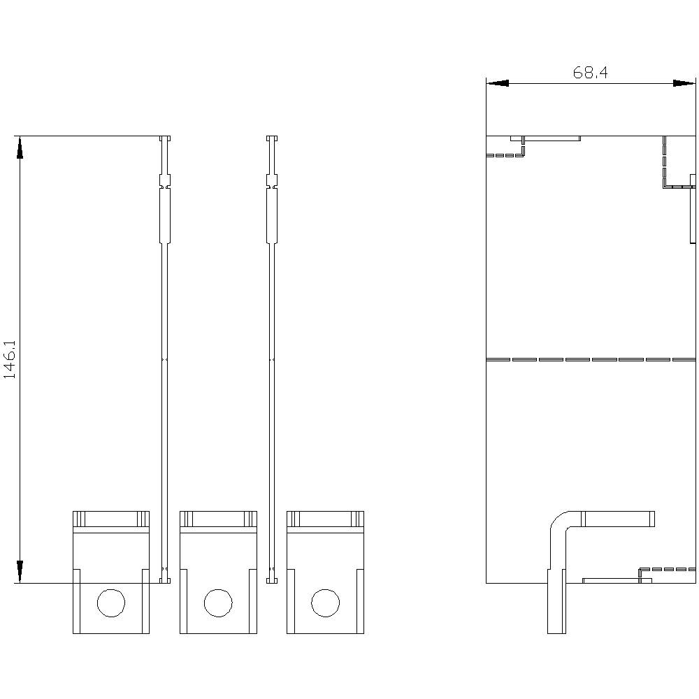 Technical drawing of vertical pipes with dimensions: Height 146.1 cm and Width 68.4 cm. Shows various side views of the pipes.