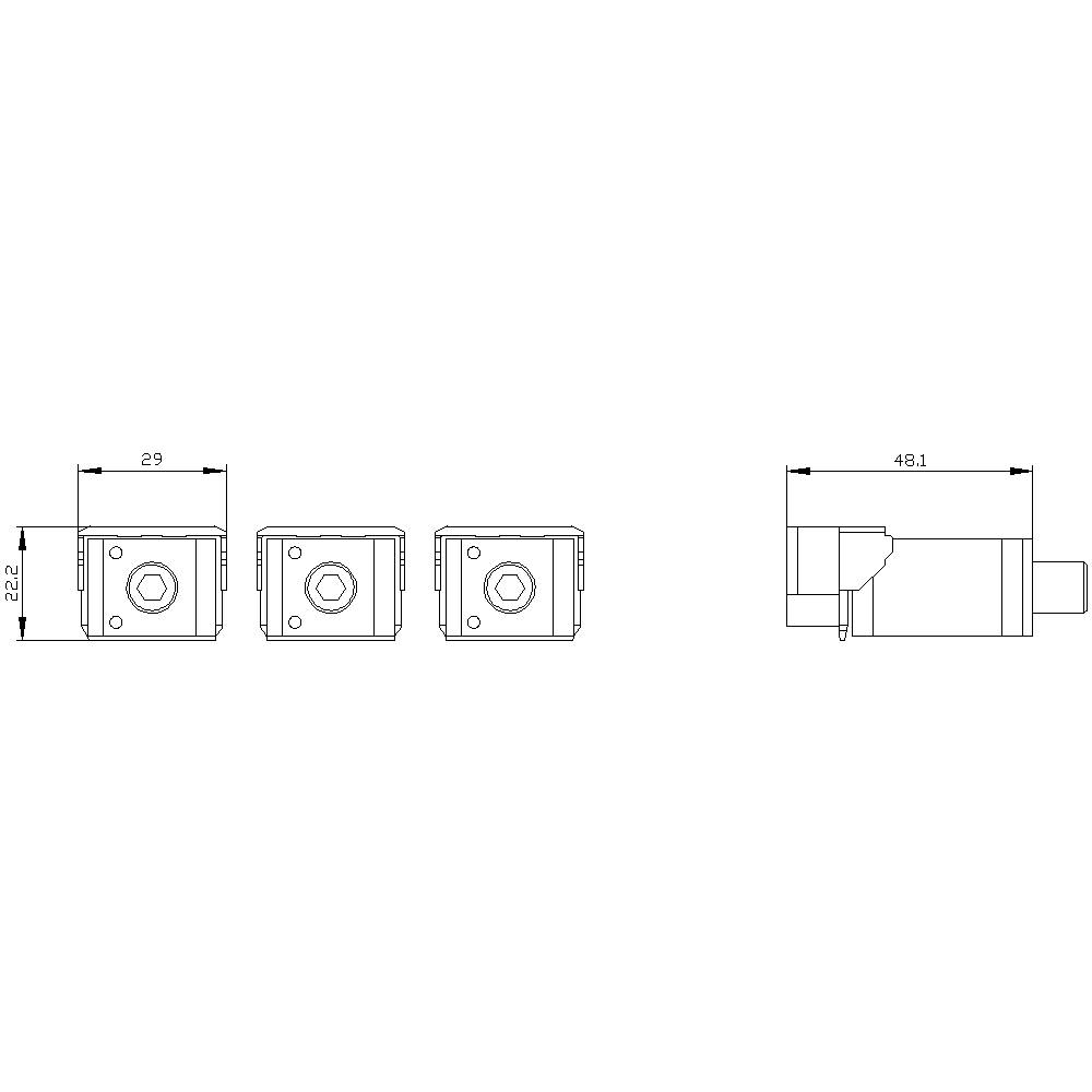 'Technical Drawing: Four views of a rectangular component with dimensions 29x22 and 48.1 length. Front, side, and rear views shown.'