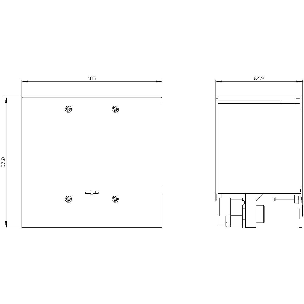 Technical drawing of a rectangular device with dimensions: 105 mm width, 97.8 mm height and 64.9 mm depth. Top view and side view.