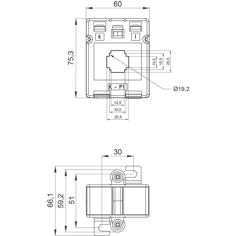 Technical drawing of a rectangular device with dimensions, connections, and components. Dimensions: 60 x 75.3 mm, side view 30 mm depth.