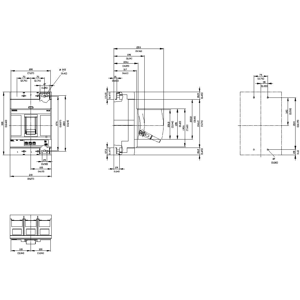 Technical drawing of a machine with multiple views and dimensions, showing detailed views with numerous dimension lines and numbers.