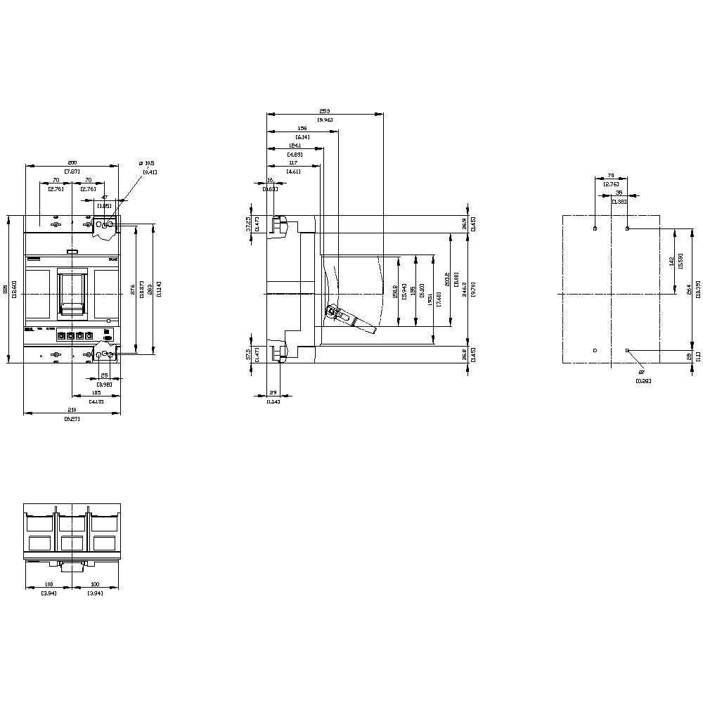 Technical drawing of a component with three views: front view, side view, and top view. Dimensions and labels for measurements are indicated.