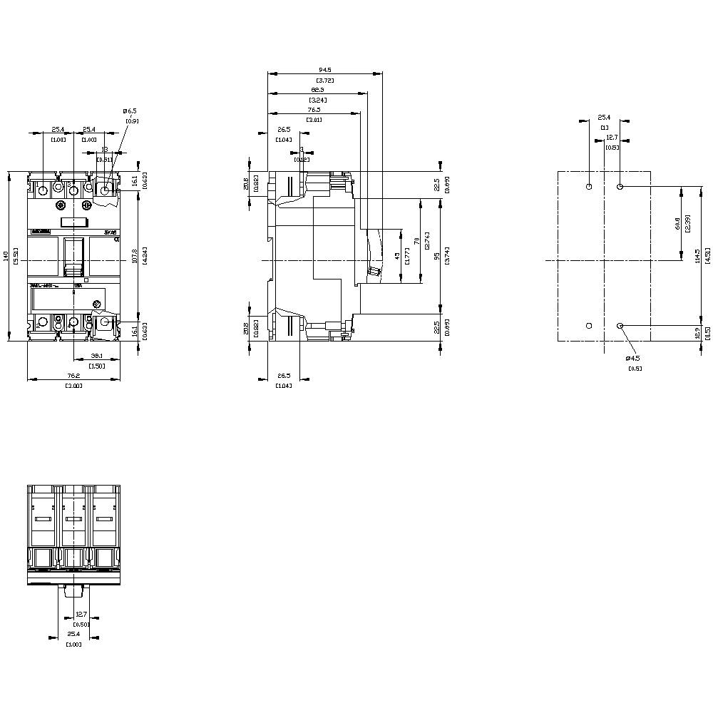 Technical drawing of an electrical switch with front, side, and rear views. Dimensions and drilling positions are indicated.
