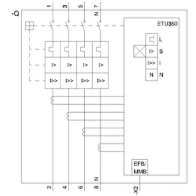 Schematic diagram of an electrical protective circuit with labels such as 'ETU350', 'L', 'S', 'I', 'N' and 'EFB/MMB' on the right side of the image.