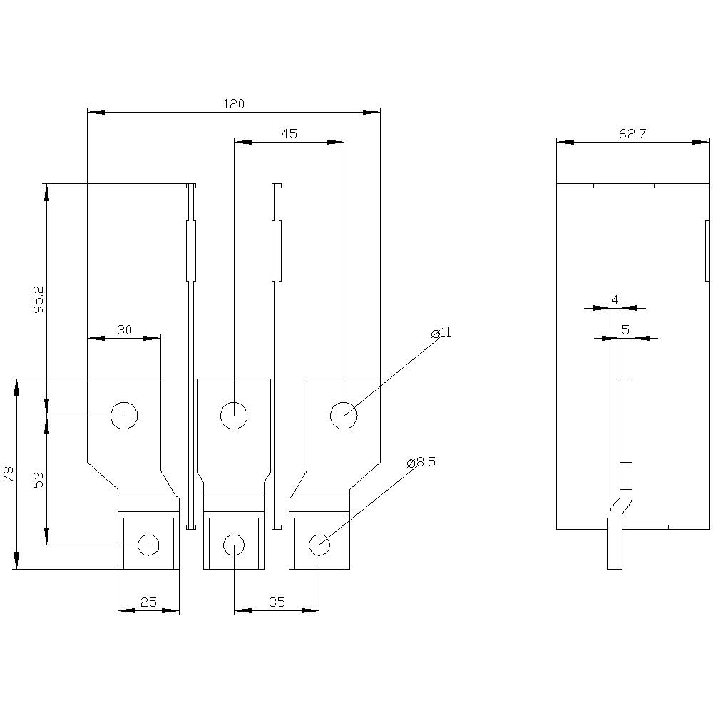Technical drawing of a component with dimensions in millimetres. Shows front and side view of a rectangular metal element with a hole.