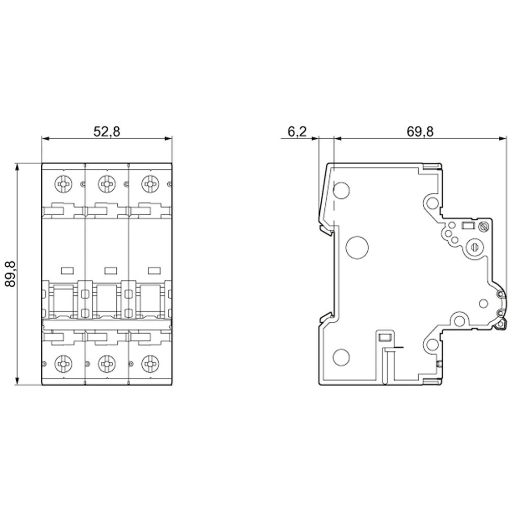 Illustration of a circuit diagram with dimensions. Left: Width 52.8 mm, Height 89.8 mm. Right: Depth 69.8 mm. Shows technical details.