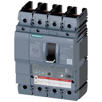 Circuit breaker in shades of grey with a switch in the centre. Brand name at top left, multiple warning notices at the bottom.