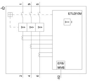 Circuit diagram of an ETU310M with three switches numbered on the left. Connections lead to the EFB/MMB box in the bottom right.