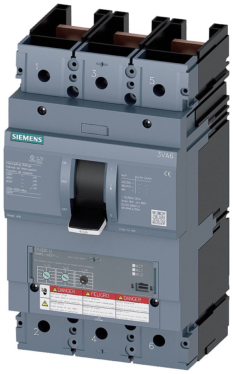 Siemens protective switch with operating lever, technical information and warning notices on the front panel.