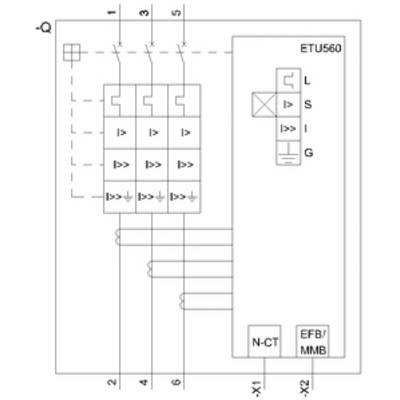 Diagram of an electrical circuit with ETU560; shows contact points and lines. Labels L, S, I, G for protection functions.
