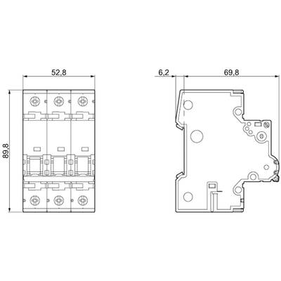 'Drawing of a three-pole electrical switch. Dimensions: 52.8 mm width, 88.8 mm height, 69.8 mm depth, side view 6.2 mm.'