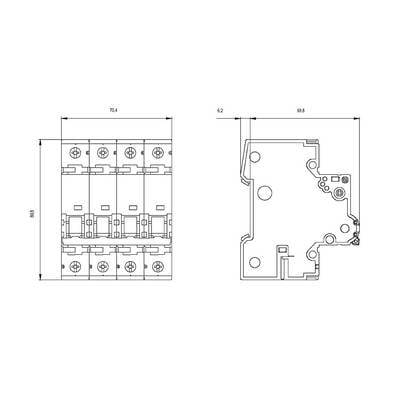 Technical drawing of an electrical component with dimensional specifications: Top view and side view. Dimensions: 70.4 mm width, 69.8 mm depth and 88.8 mm height.