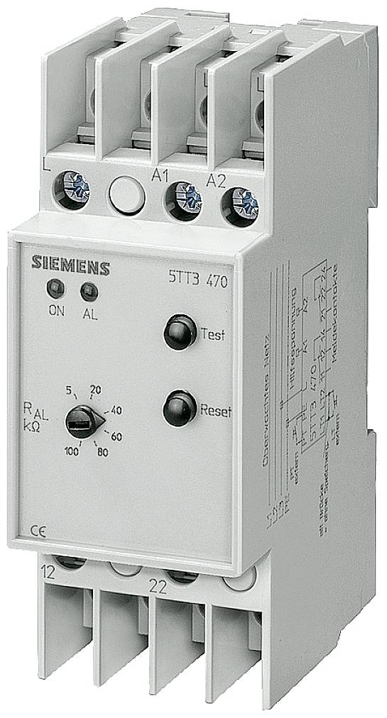 A Siemens relay with model number 5TT3 470. It features connections and operating elements such as test and reset buttons.