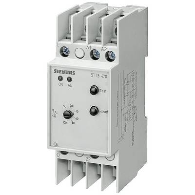 A Siemens relay with model number 5TT3 470. It features connections and operating elements such as test and reset buttons.