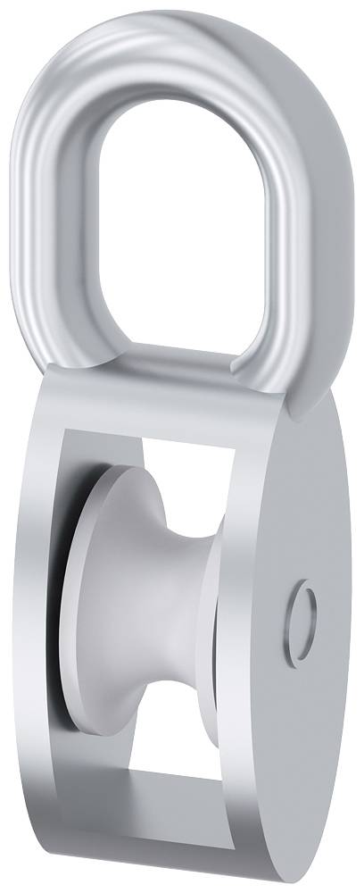 Silver-coloured pulley with hook, suitable for redirecting ropes or cables. Ideal for light load applications.