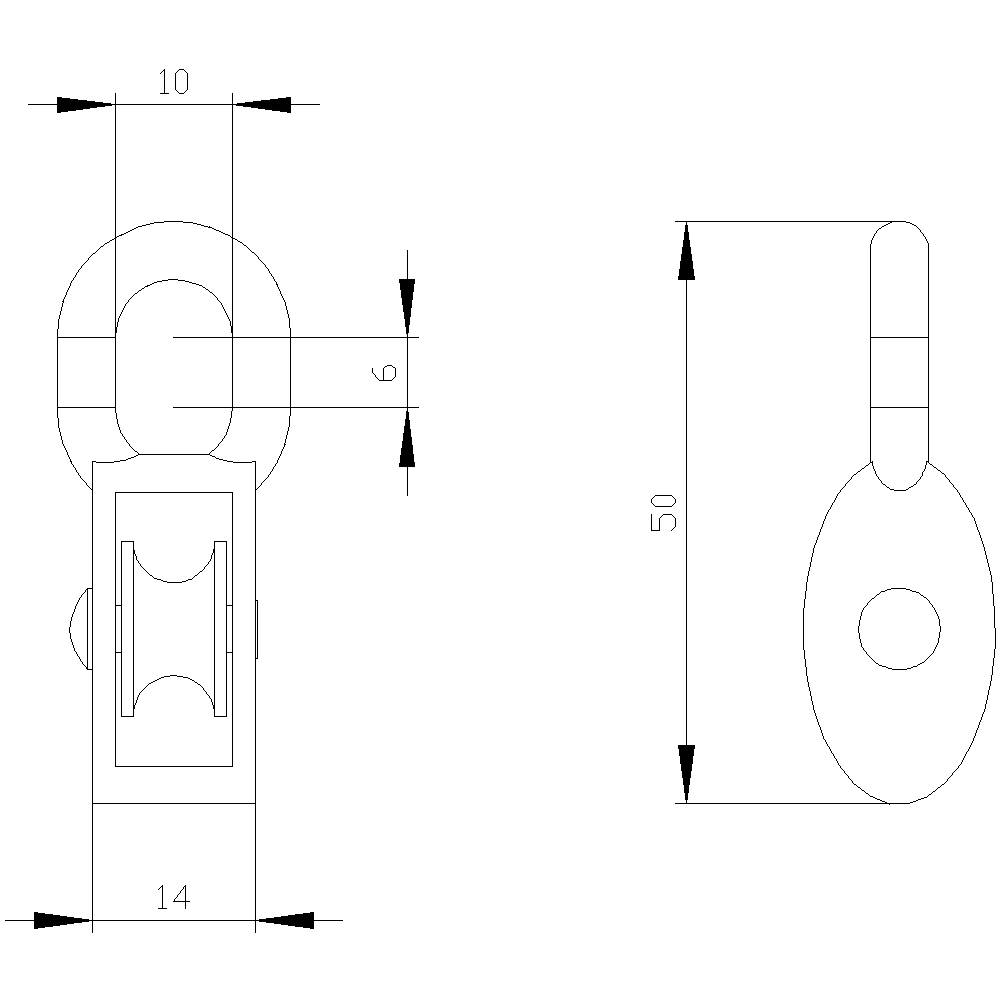 Technical drawing of an oval lifting shackle with dimensions: Width 14 mm, Height 50 mm. Bore diameter and screw details are shown.