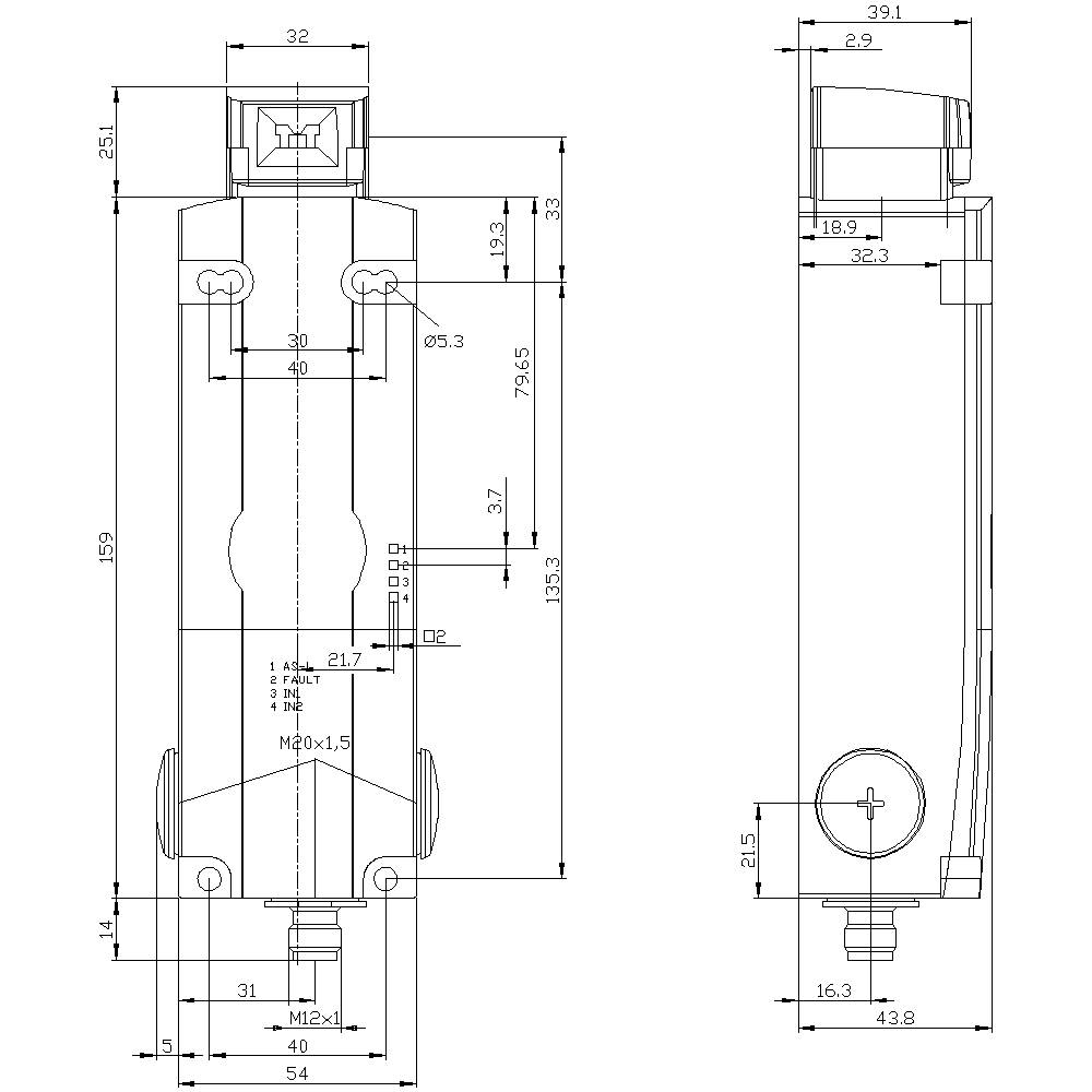 Technical drawing of a cylinder with precise dimensional specifications. Shows height, width, bore holes, threads, and connections.