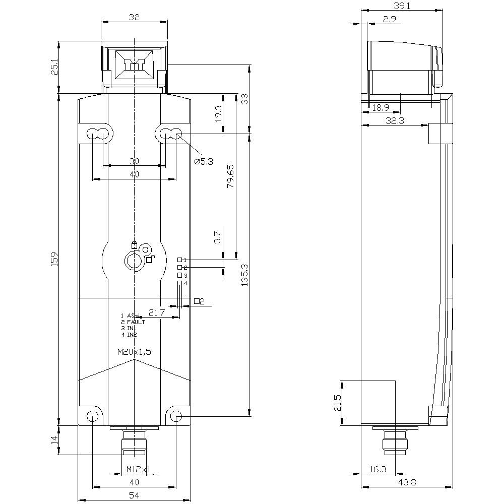 Technical drawing of a cylindrical component with detailed dimensions in millimetres; shows front and side views.