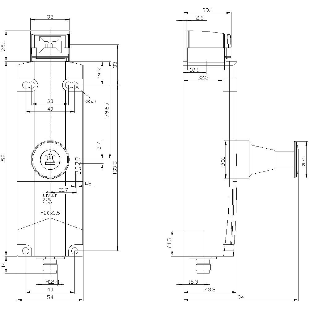 Technical drawing of a mechanical component with front and side views, dimensions in millimetres, and various holes.