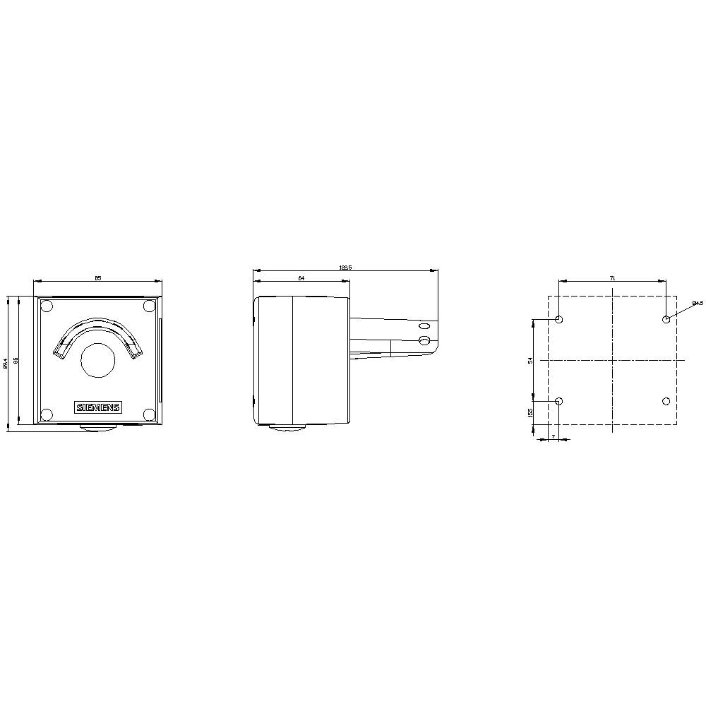 Drawing of a terminal housing with dimensions and front, side, and top views. Includes technical details for assembly.