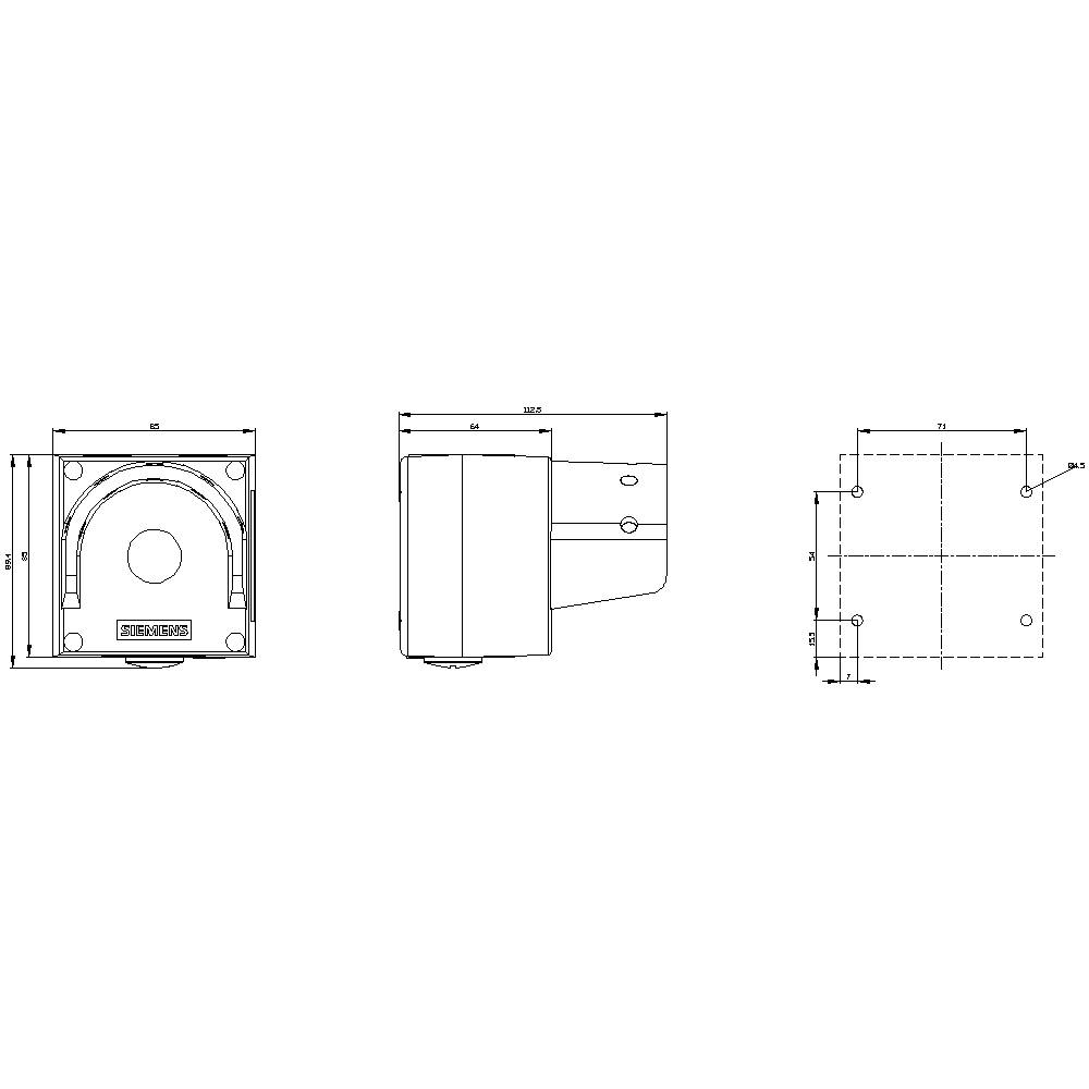 Technical drawing of a square component with holes and dimensions. Front, side, and top views are shown.