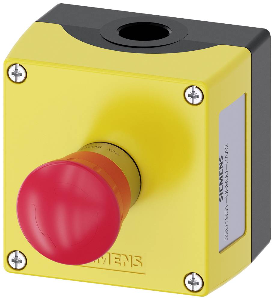 Yellow emergency stop button with a red cap, mounted on a plate. Used for emergency stopping in machinery or industrial plants.