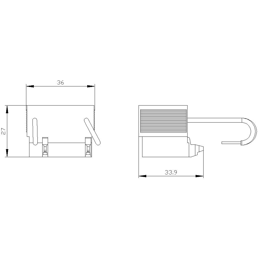 Technical drawing of a small pump. On the left is the view with dimensions 36x27 mm. On the right, the side view shows a length of 33.9 mm.