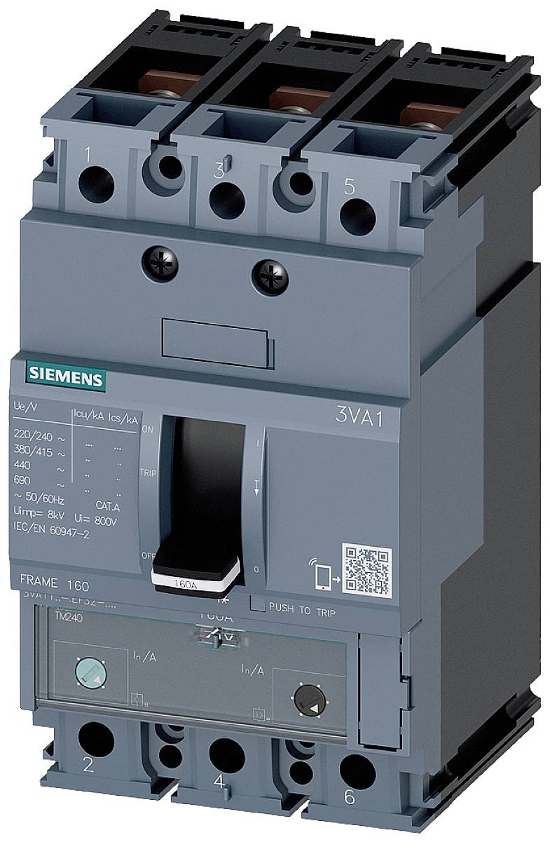 A blue circuit breaker with the number '3VA1', displaying technical specifications: rated current, switching capacity, and QR code.