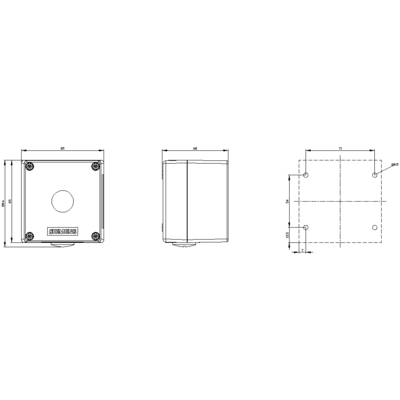Technical drawing of a square enclosure with dimensions: width 68mm, depth 60mm, with holes at the corners and centre.