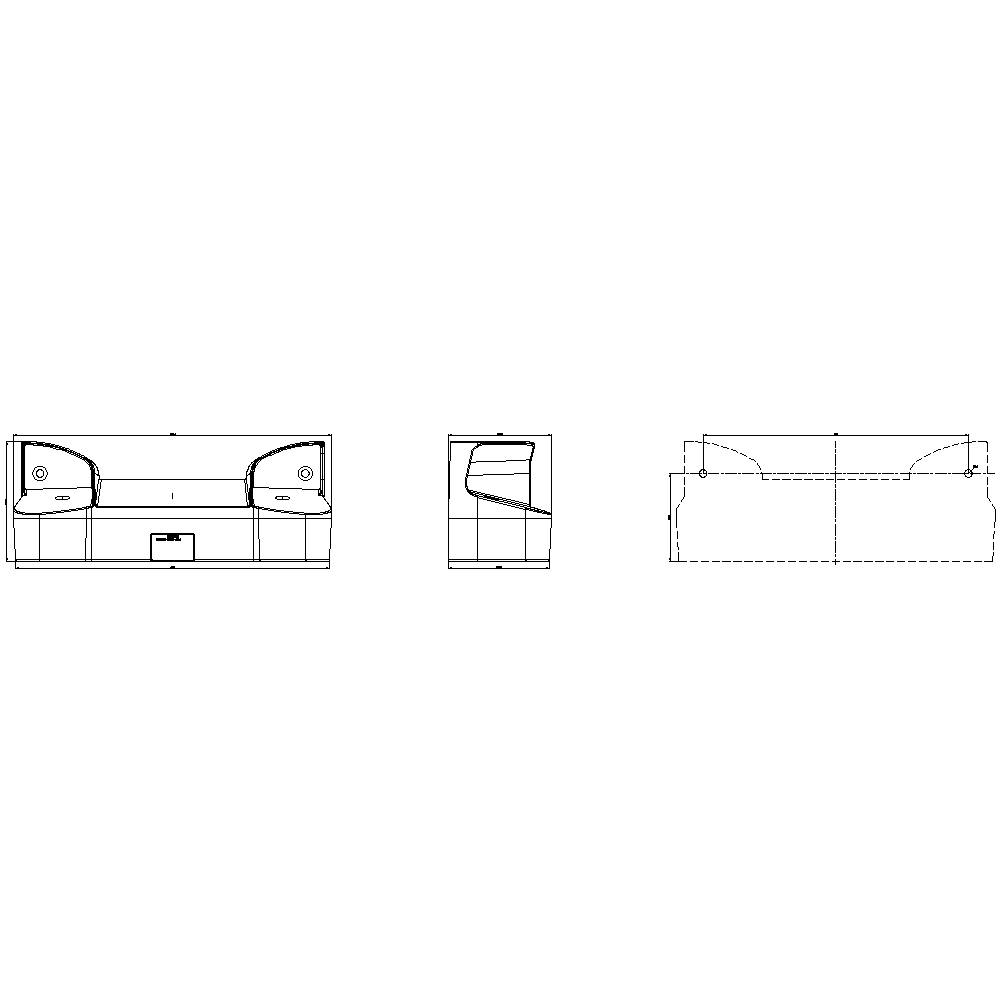 Technical drawing of a sofa showing front, side, and rear views. Displays the dimensions and proportions of the furniture.