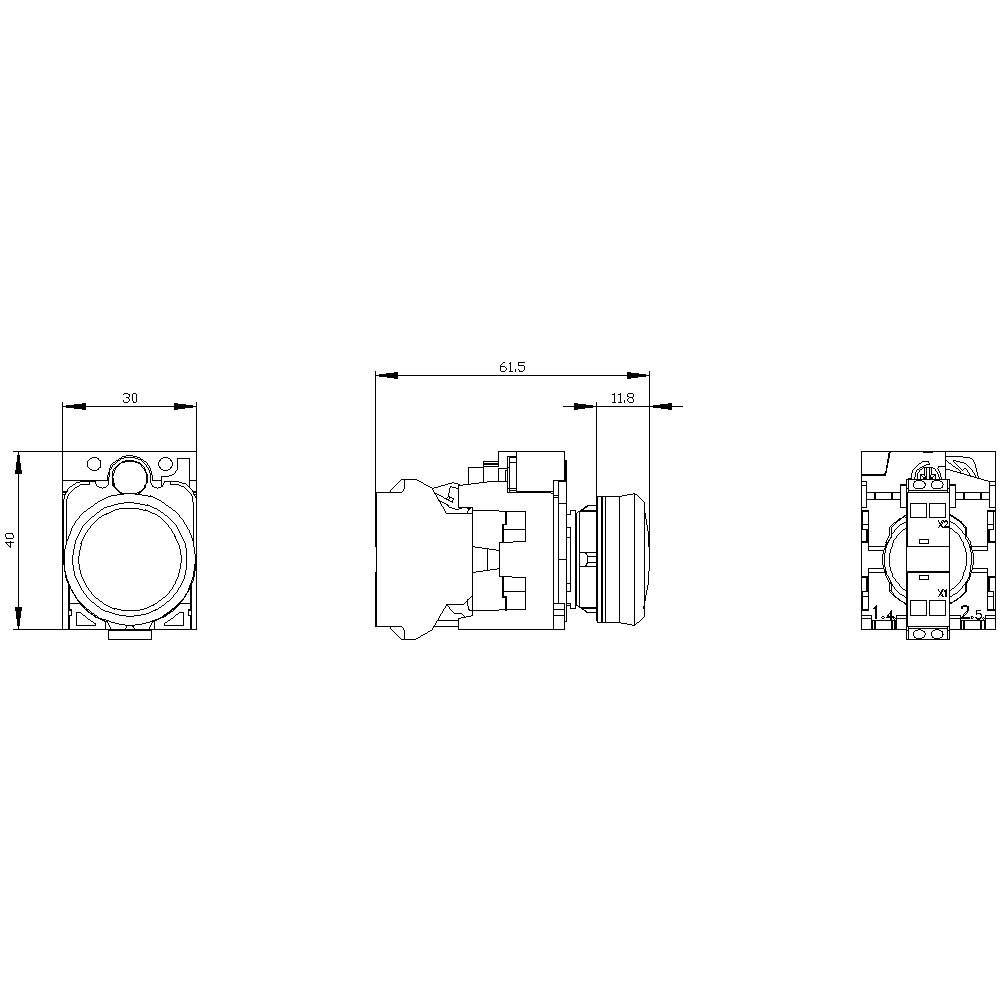 Technical drawing of a round switch in three views with dimensional specifications: 40 mm x 30 mm in front view, 61.5 mm in side view.