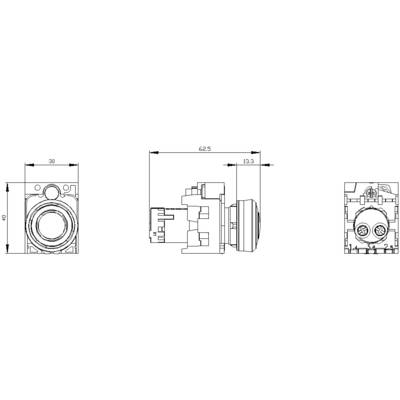 Technical drawing of a switch with dimensions in millimetres. Front, side, and rear views show details of the design and connections.