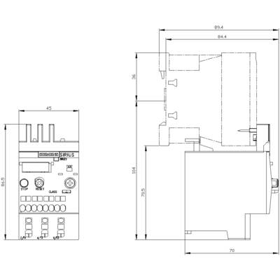 Technical drawing of an electronic device by Siemens Sirius, showing front and side views with precise dimensions.
