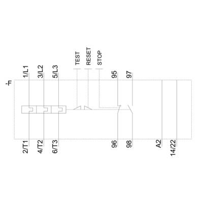 Diagram of an electrical circuit diagram with connections and marked areas: 'TEST', 'RESET', 'STOP'.