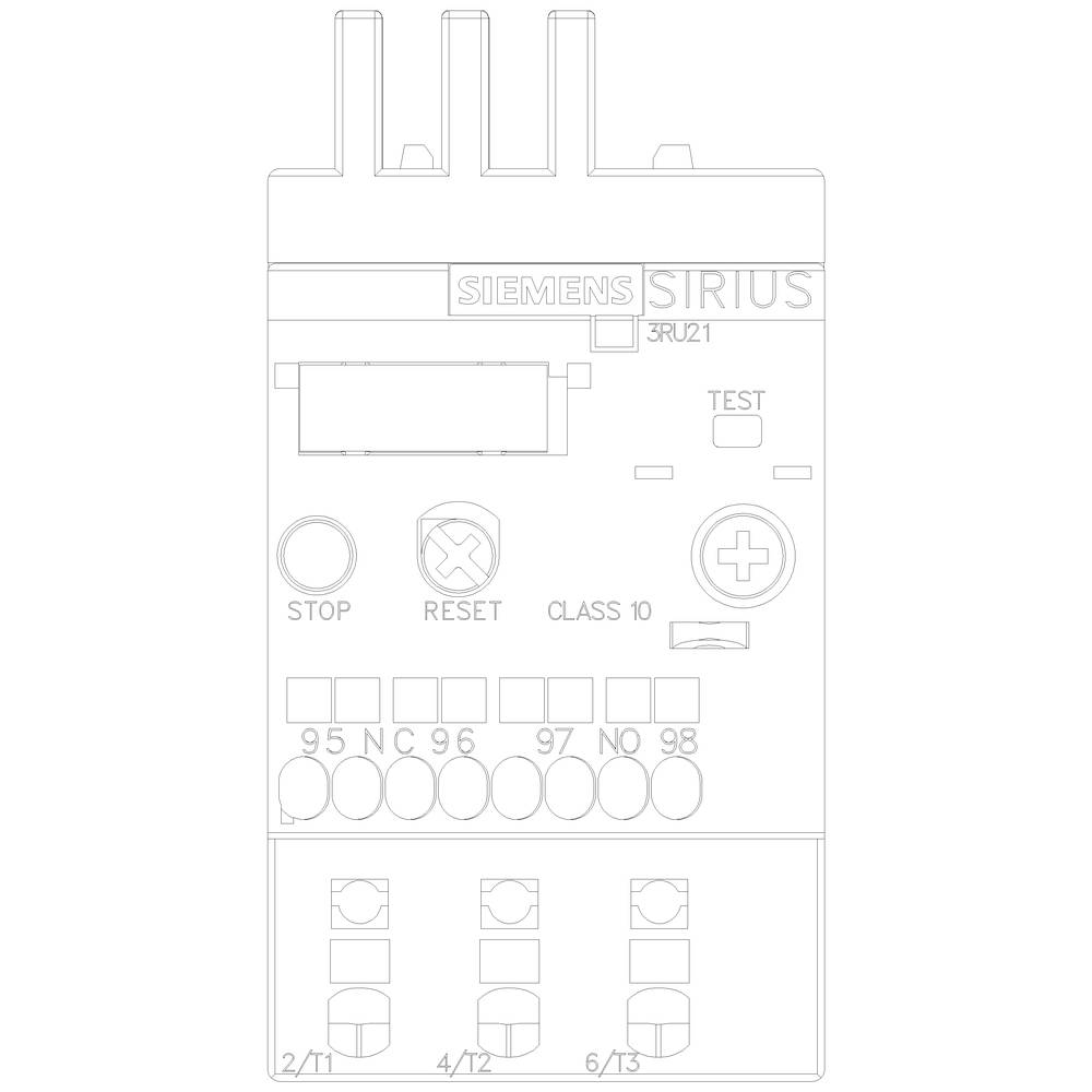 The image depicts a Siemens Sirius control cabinet with stop, reset, and test buttons and connections, model 3RU21.