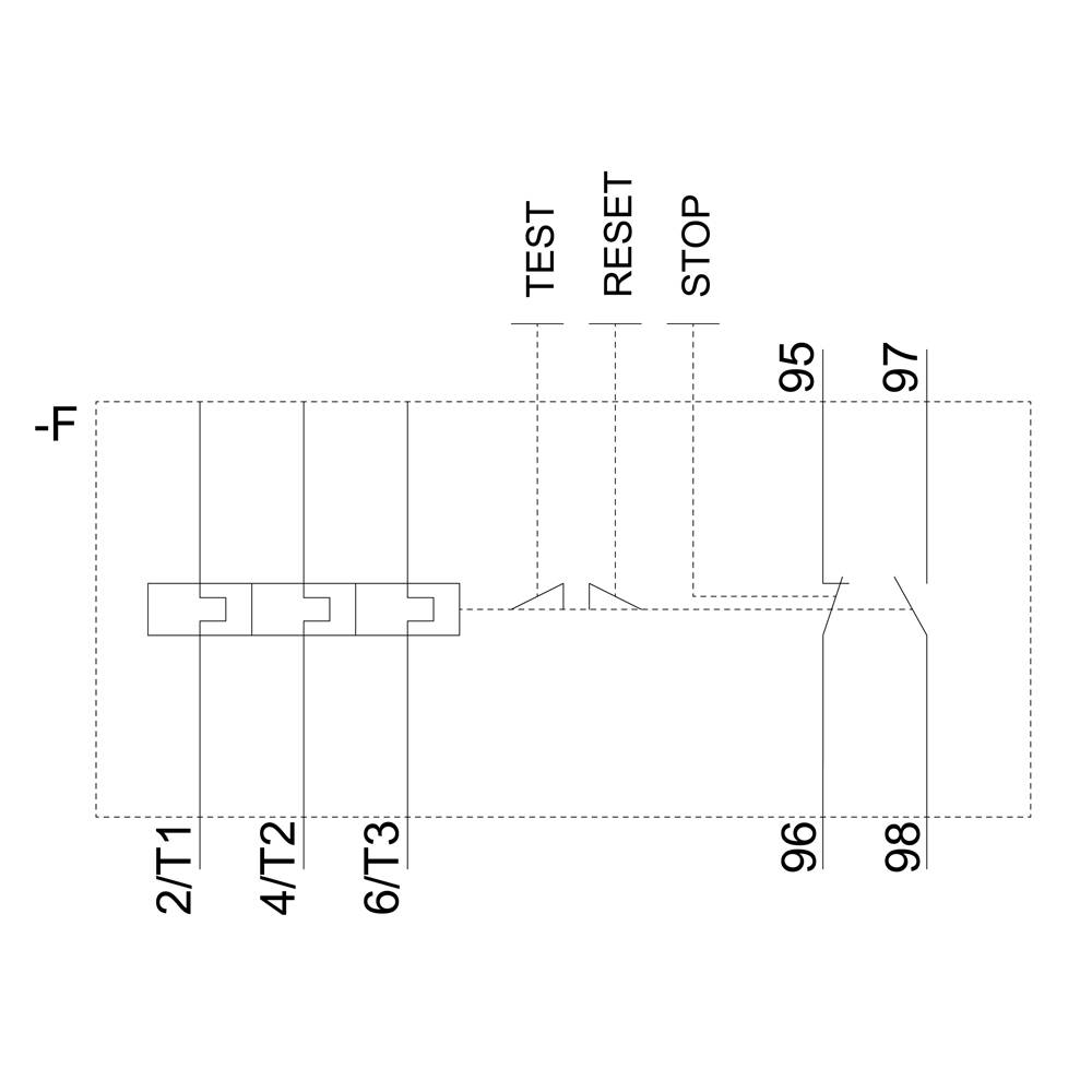 'Diagram of a circuit diagram with buttons: TEST, RESET, STOP. Connections to terminals 2/T1, 4/T2, 6/T3. Digits 95, 96, 97, 98.'