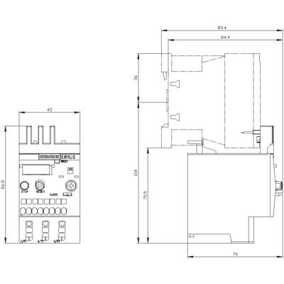 Technical drawing of a Siemens SIRIUS contactor with front and side views, dimensions in millimetres, marked switches and electrical connections.