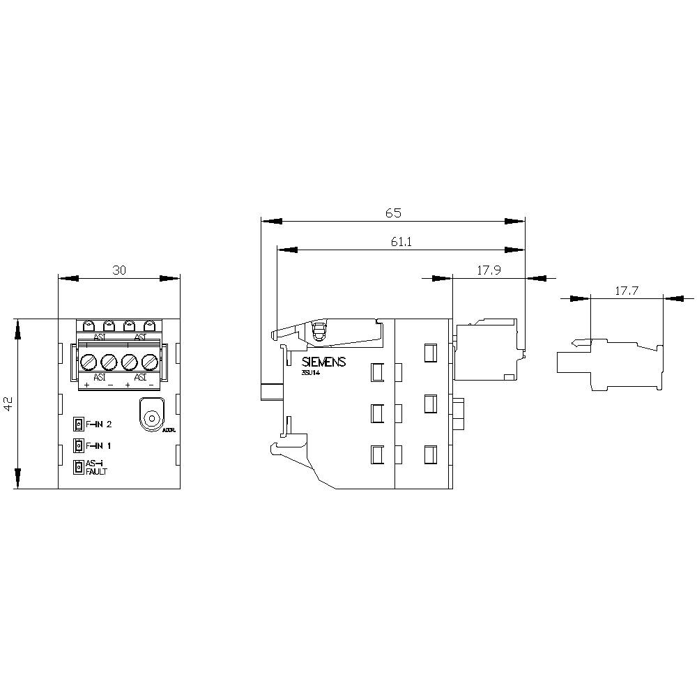 Technical drawing of a Siemens device with dimensions: Width 30 mm, Height 42 mm, Depth 17.7 mm, Length 65 mm. Wire connections at the top.