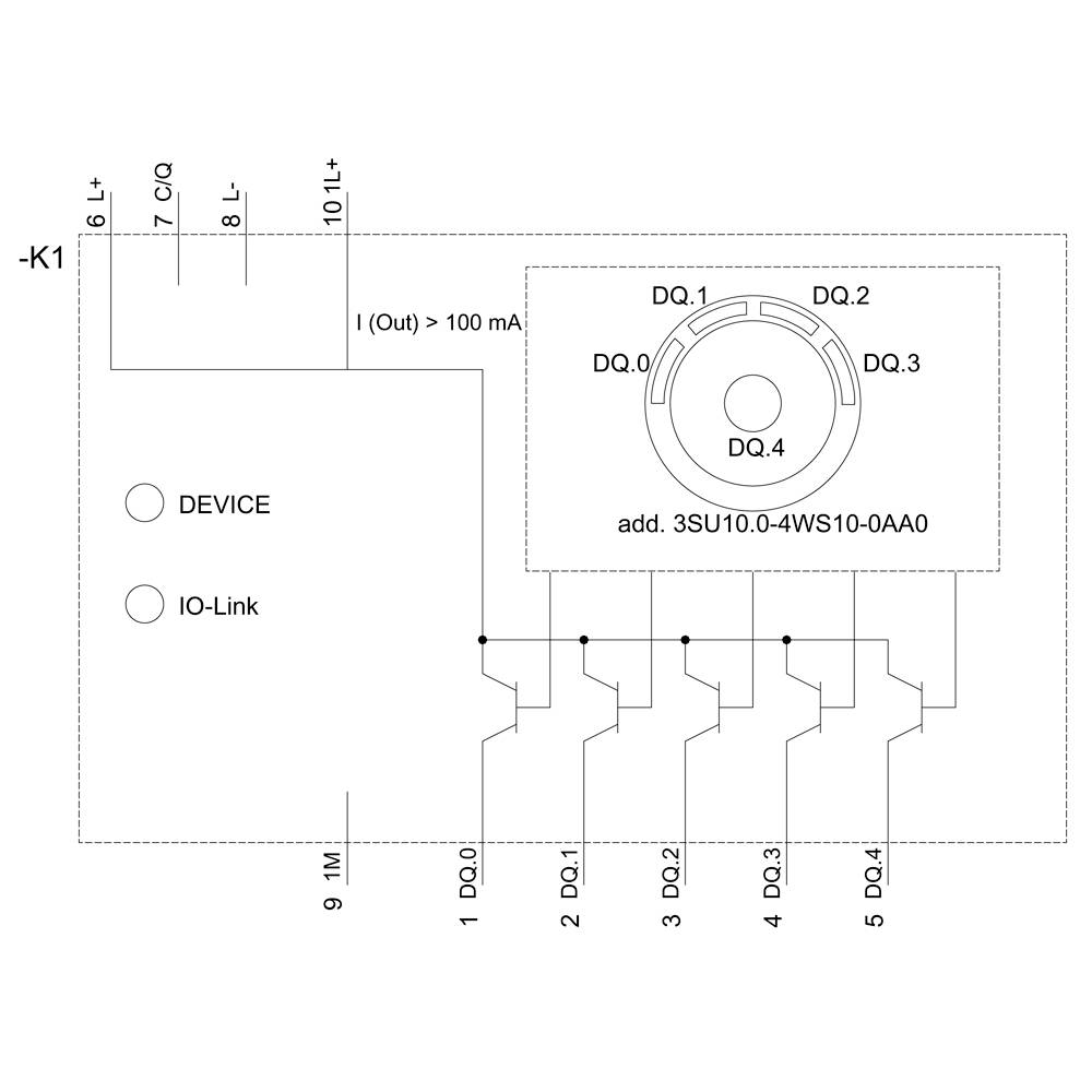 Circuit diagram of a device with IO-Link interfaces and DQ outputs, showing detailed connection points and specific component labelling.