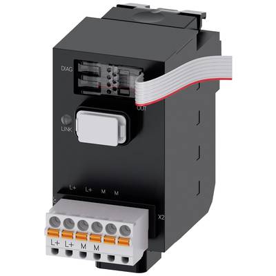 The image depicts an electronic component that looks like a DIN rail module, with cables at the top and a connection block at the bottom.