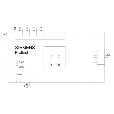 'SIEMENS Profinet module with two digital inputs (DI), diagnostic lamp (DIAG) and link indicator. Connections X1, X2, K, OUT shown.'