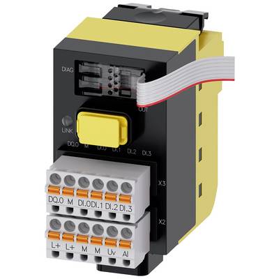 Industrial module in black and yellow with multiple connections and a yellow button, connected via a grey flat ribbon cable.