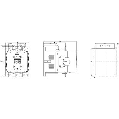 Technical drawing of an electrical device with front, side, and top views, showing connection and mounting points.