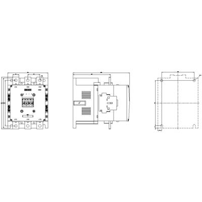 Technical drawing of an electrical switchgear with front, side, and top views. Diagram shows connection details and dimensions.