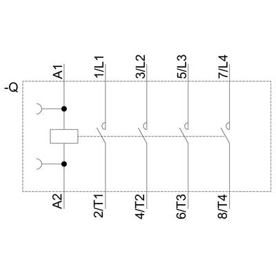 'Schematic representation of a four-pole relay with terminals A1, A2, L1, L2, L3, L4, T1, T2, T3 and T4.'