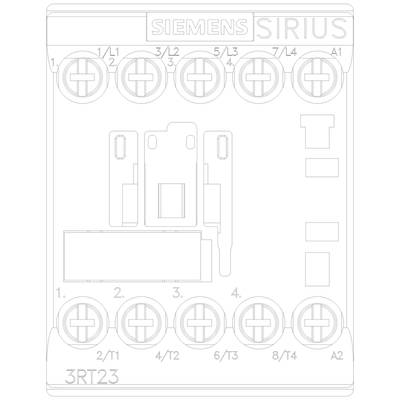 Drawing of a Siemens SIRIUS contactor module with connections at the top and bottom, model no. 3RT23 visible.