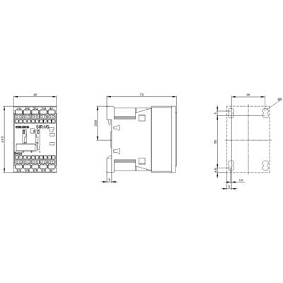 Technical drawing of a module with three views. Dimensions: 45mm x 73mm. Shows front, side, and top view of the module.
