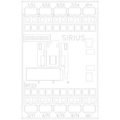 Diagram of a Siemens SIRIUS 3RT23 switching device with multiple numbered terminals for electrical connections.